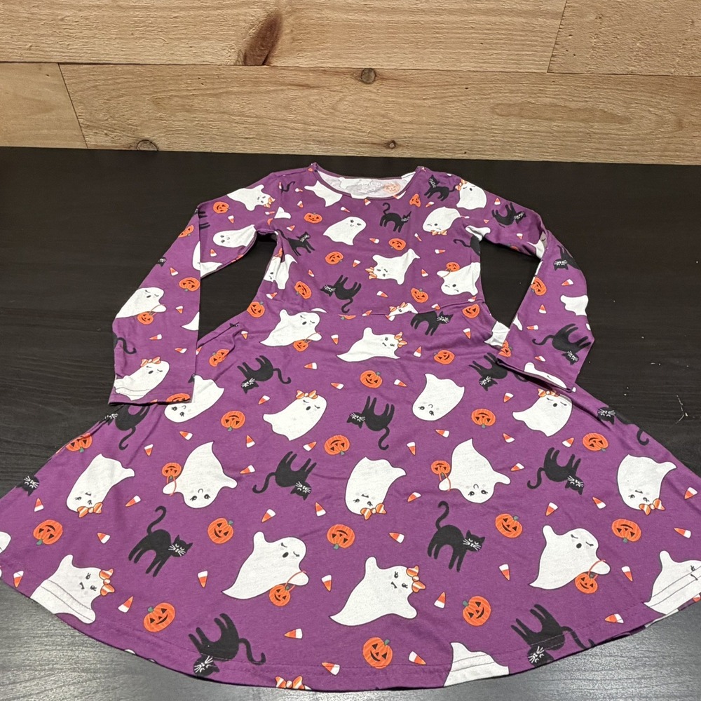 The Children's Place Girls Sz M 7/8 Halloween Fit Flare Knit Dress Ghosts Cats